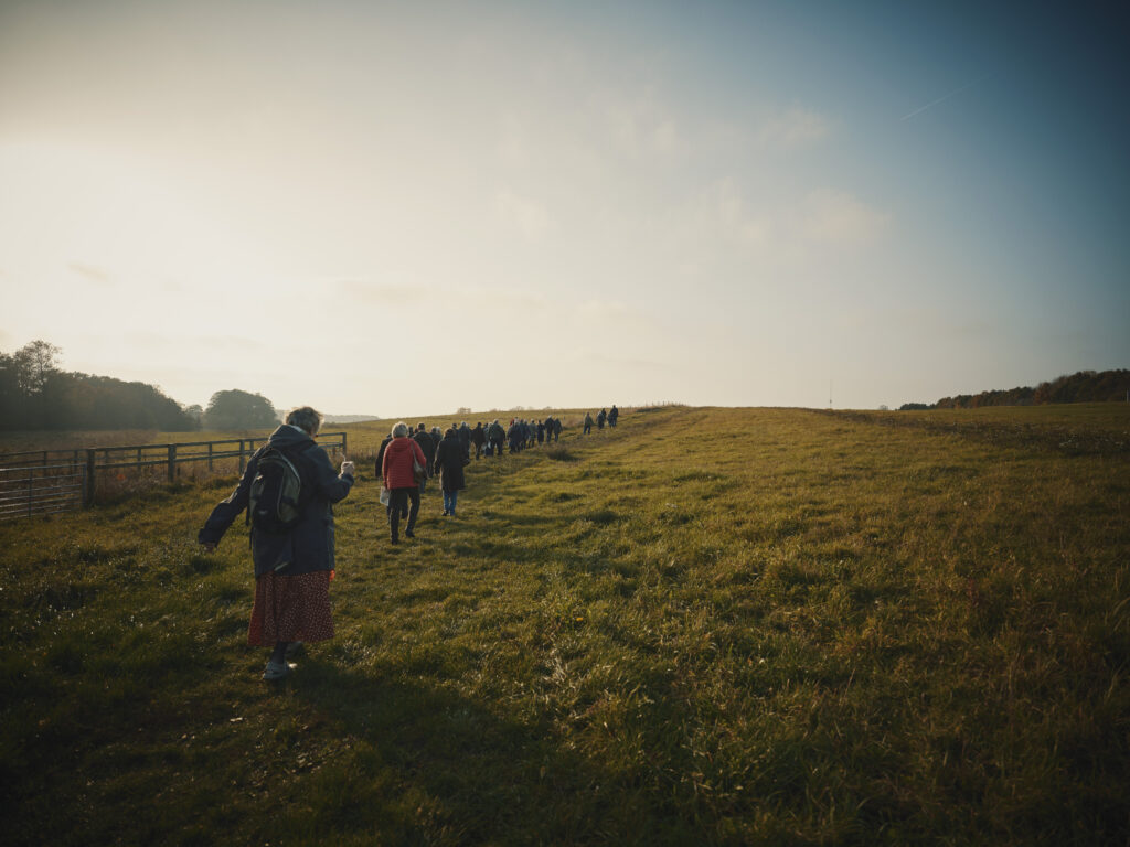 Deltagere i vandring krydser over eng 